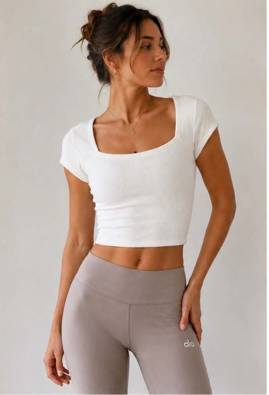 Alo Yoga Terry Beachside Short Sleeve Crop Top Ivory White Size XS NWT
